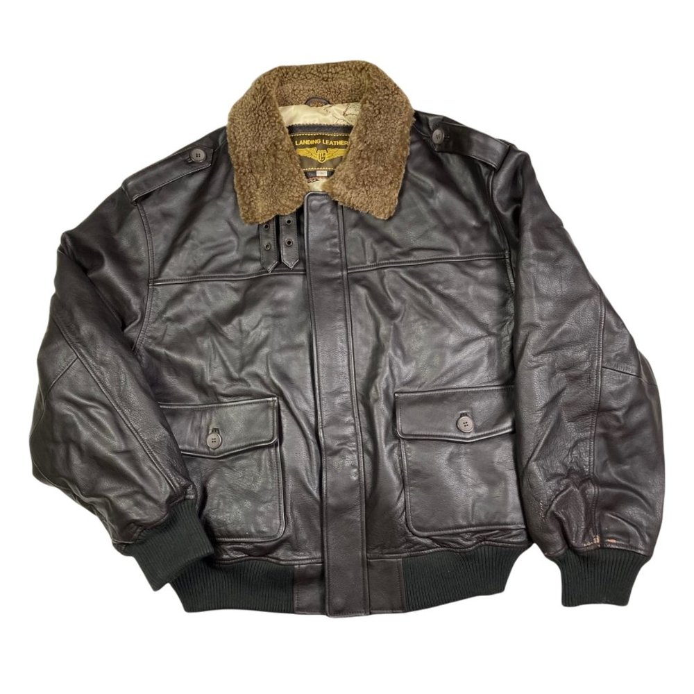 Landing Leather Bomber Pilot Jacket Full Zip Military Flight Mens Brown Size XL